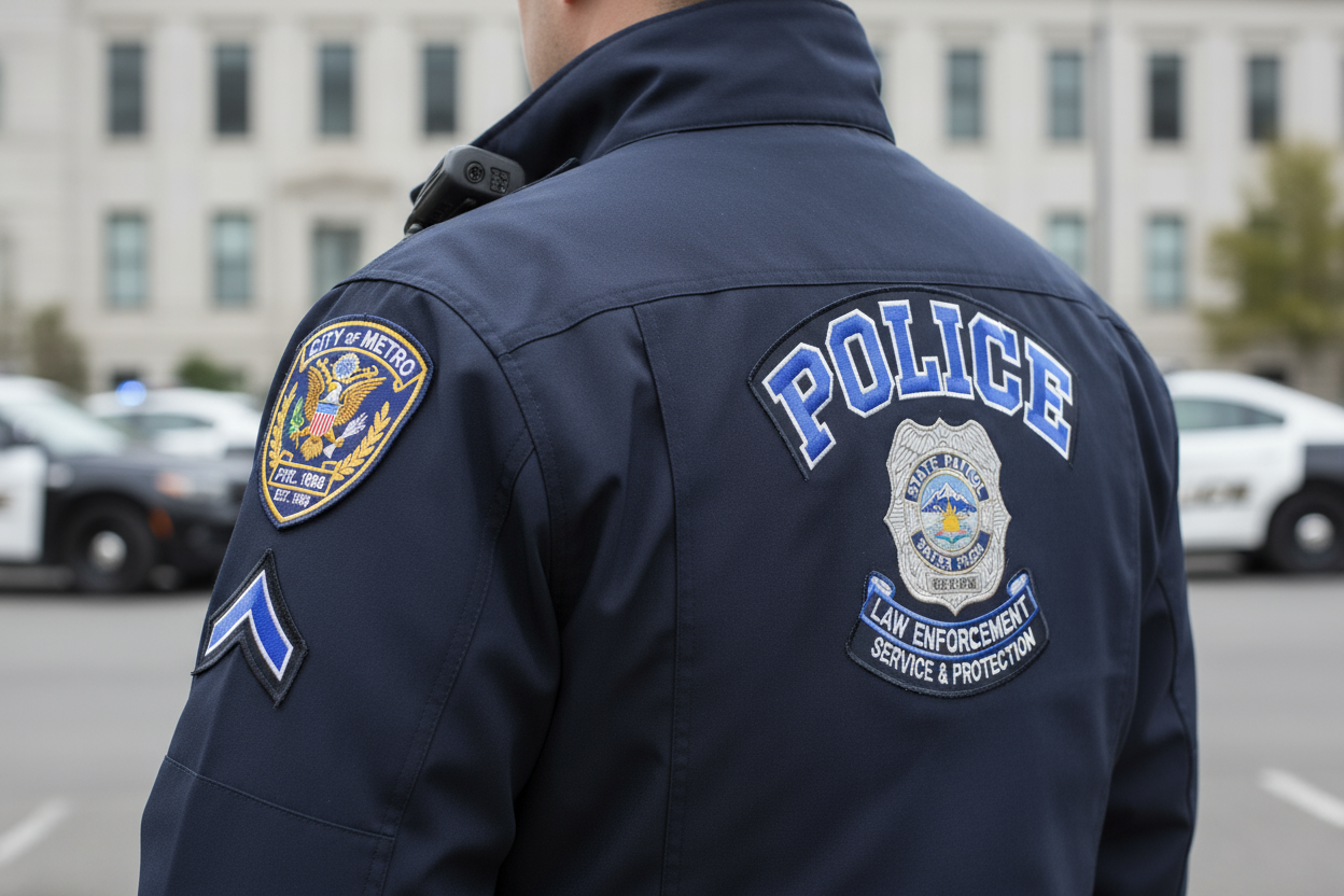 police jacket with blue police patch on the back and shoulder crest on sleeves